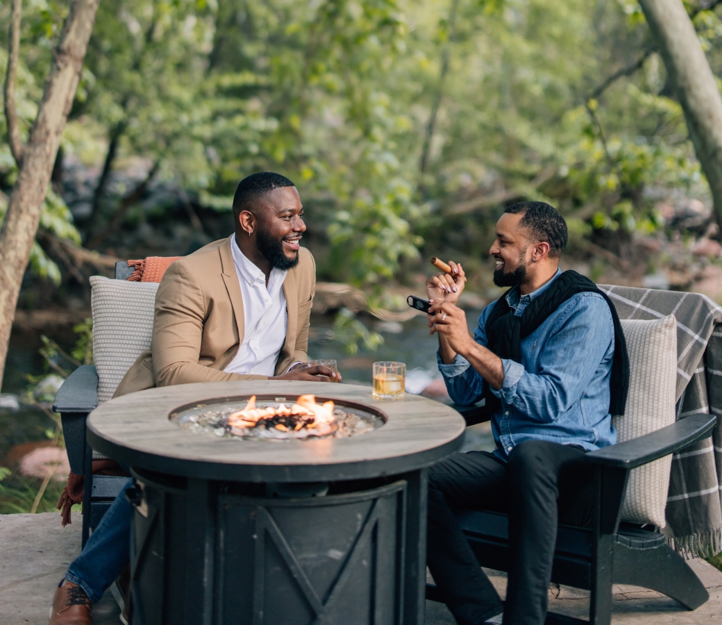Men on Cottageside Lawn with Cigars